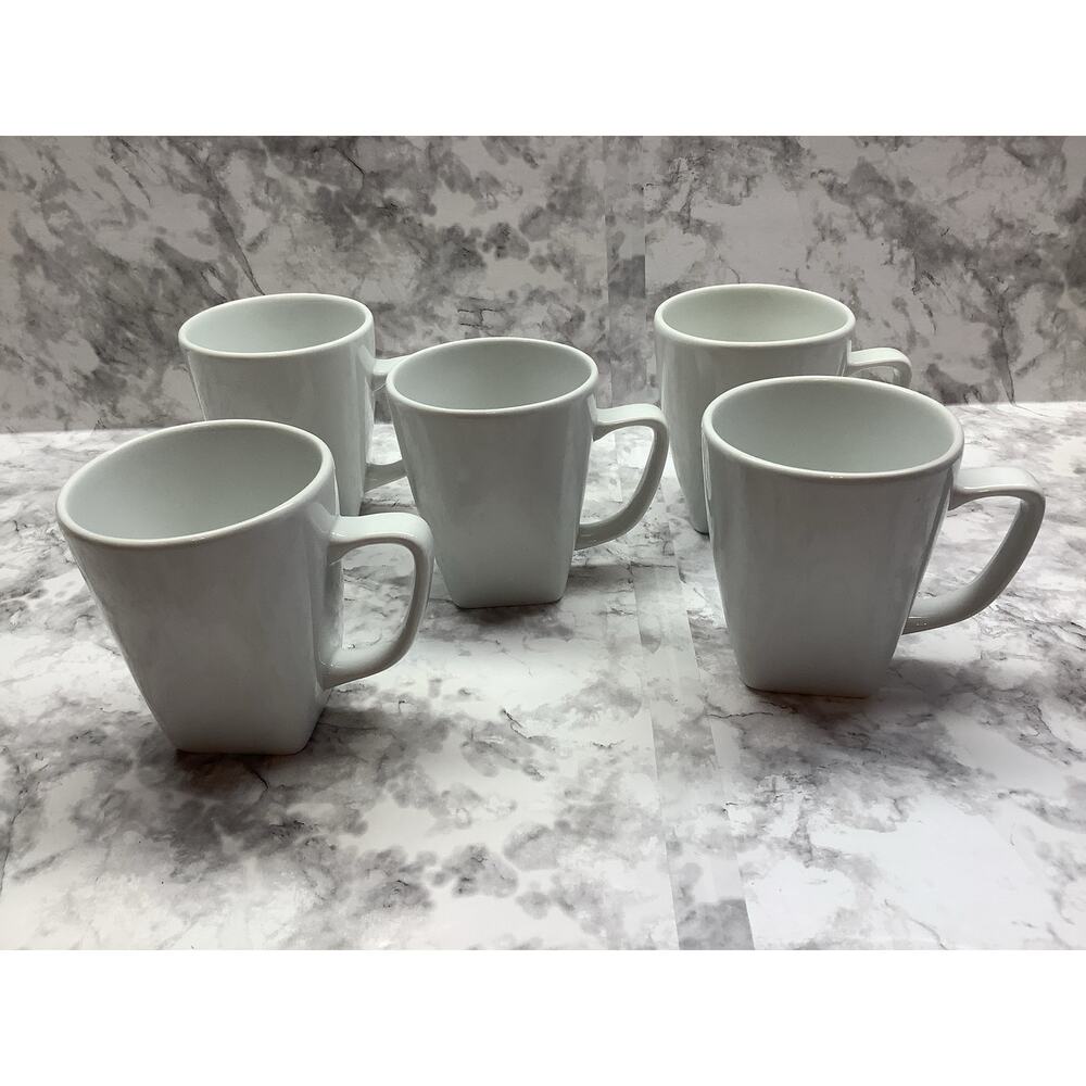 Set of 5 CRATE & BARREL Mugs White Porcelain Coffee Cups 10 oz.